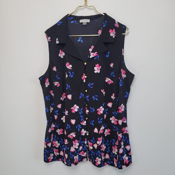 CALVIN KLEIN Black Floral Top Sz 1X Sleeveless Button Up Collar Tank Longline - Picture 4 of 10